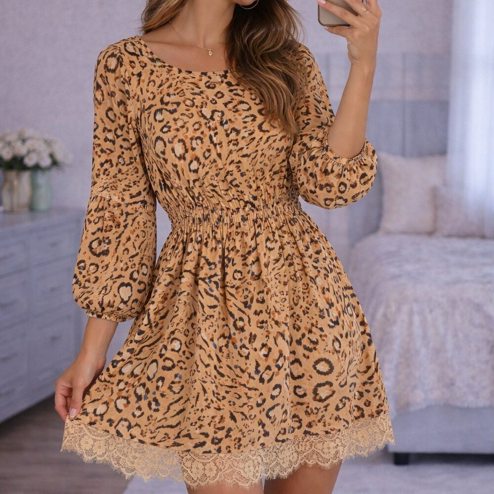 White House Black Market Leopard Print Dress with Lace Hem  | Sz. 2